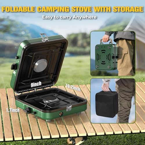 Portable Double Burner Camping Stove with Carrying Bag - 10,000 BTU Foldable Gas Stove