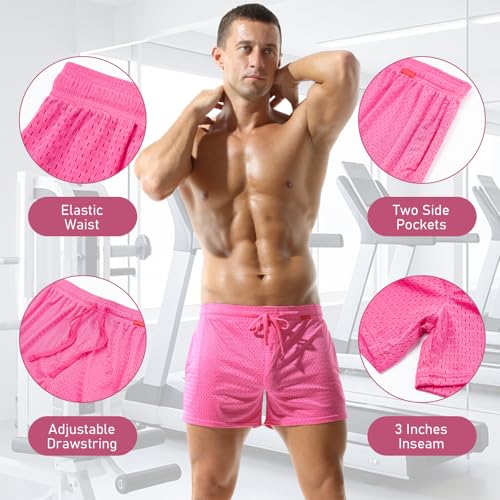 Mens Mesh Workout Shorts Large Rose Red 3 Inch Inseam Athletic Running with Pockets