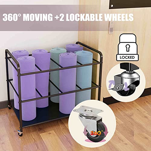 Black Yoga Mat Storage Rack with Wheels - Multi-Purpose Gym Organizer for Fitness Equipment