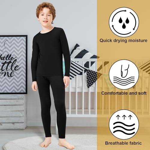 Kids Thermal Underwear Set for Boys - Fleece Lined Long Johns, Medium / Black & Gray