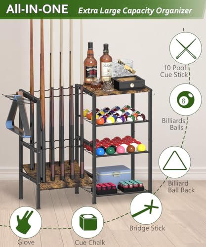 Pool Stick Holder for 10 Cues Floor Stand with 4-Tier Storage Shelf - Black - Variation of THIS listing