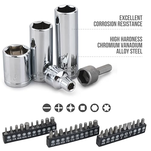 Amazon Basics 145-Piece Mechanic's Socket Tool Set with Case - Black & Silver, Metric Sizes