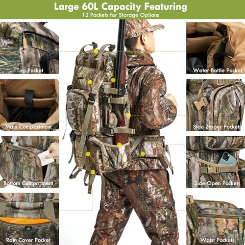 Wild Cedar 60L Hunting Backpack for Men - Camo Waterproof Rain Cover Included