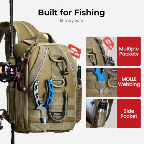 Piscifun Fishing Backpack with Rod Holders, Lightweight Sling Bag Khaki - Standard / Urban