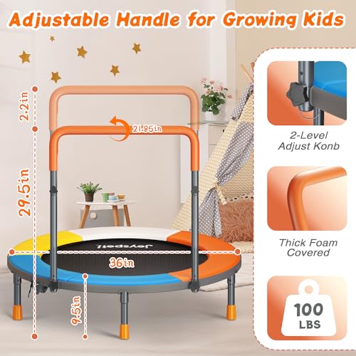 JOY SPOT! 36-Inch Foldable Toddler Trampoline with Adjustable Handle - Safe & Quiet Mini Rebounder for Indoor & Outdoor Play, Classic