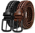 Men's Braided Leather Belt 2 Pack - 1 3/8 Inch Wide, Adjustable Waist, Gift Boxed, Black & Light Brown