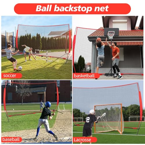 POWSOWER 10x20ft Portable Sports Net with Ground Stakes & Bag - Backyard Backstop for Baseball, Softball, Lacrosse, Soccer (Red)