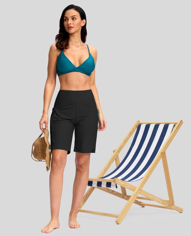 Women's 9-Inch Long Swim Board Shorts with Pockets - X-Large Black