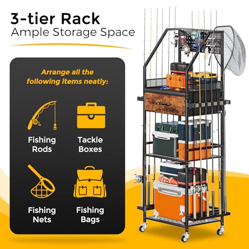 Single Row Fishing Rod Holder Organizer with Fabric Drawer & Pegboard - Modern Design