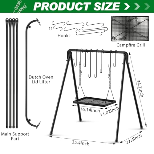 Rossesay Medium Tray Campfire Swing Grill Stand with 8 Hooks & Adjustable Cooking Surface