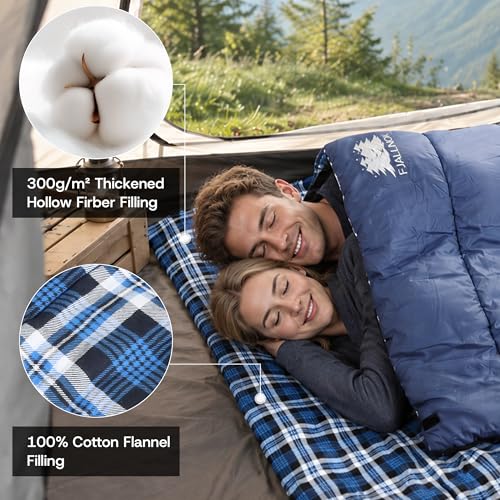 FJALLNOK Queen Size Cotton Flannel Double Sleeping Bag - Blue, 3-Season Warm Camping Bed for Adults