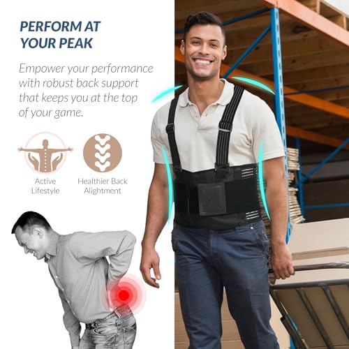 Back Support Belt with Suspenders - Medium, Black, Lumbar Brace for Heavy Lifting