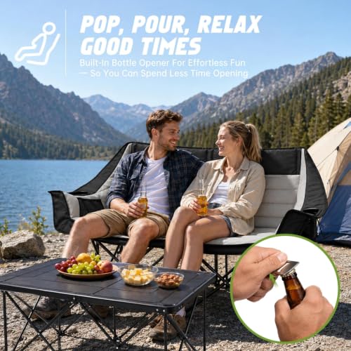 Black 2-Person Folding Camping Loveseat Outdoor Chair with Padded Seat & Storage