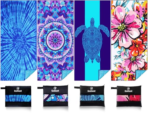 Oversized Microfiber Beach Towel 71x32 with Bag - Turtle Tie Dye Mandala Flower 4 Pack