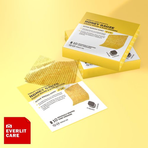 EVERLIT CARE Manuka Honey Dressing | Sterile Non-Adhesive Pads with Unadulterated Medical-Grade Honey | Advanced Healing for Burn, Chronic Wound, Donor Sites, Pressure & Diabetic Ulcer (4" Gauze)