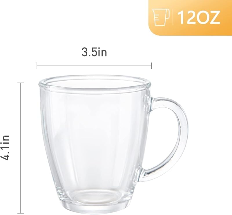 [6 Pack 12 Oz] Premium Glass Coffee Mugs with Handle – 6 Clear Tea Glasses for Hot or Cold Beverages, Ideal for Americano, Latte, or Macchiato – Variation: 6