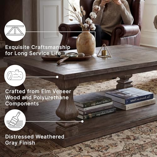Signature Design by Ashley Large Farmhouse Coffee Table - Rectangular, Weathered Gray, Table Variation