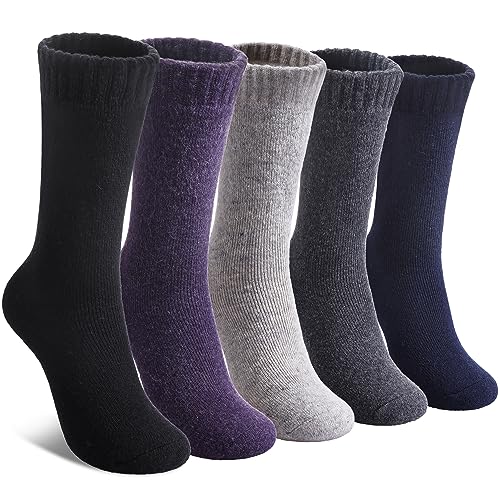 Women's Wool Socks Winter Warm Hiking Thick Cozy Crew Socks - Purple/Blue/Black/Gray - 5 Pairs