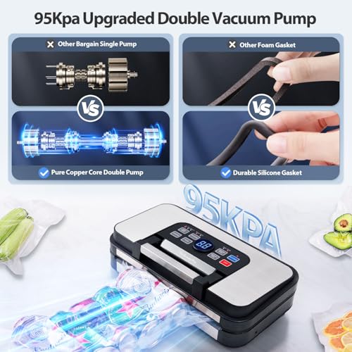 Beelicious Pro Stainless Steel 95Kpa Dual-Pump Food Vacuum Sealer with Double Heat Seal