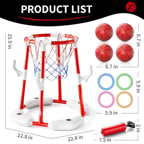 Red Pool Basketball Hoop Toys for Kids and Adults - 2-in-1 Floating Water Game Set with Rings & Balls