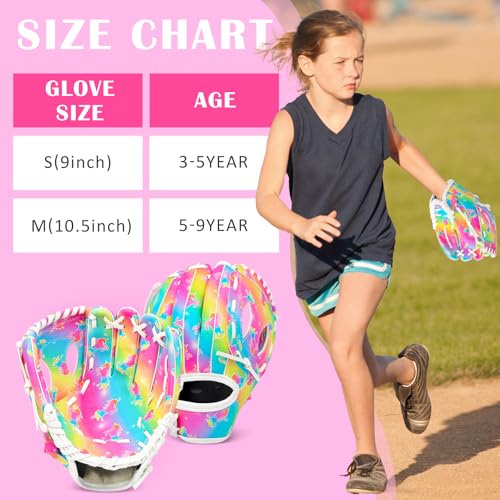 Kids Baseball Glove Rainbow Unicorn 9" Softball Mitt for Beginners