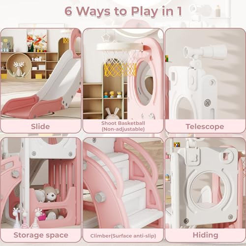 Indoor Toddler Slide 6-in-1 Playset with Basketball Hoop & Storage - Pink-New