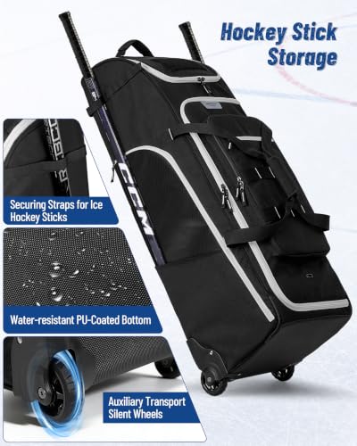 38-Inch Hockey Bag with Wheels, Travel Duffle for Ice Hockey Gear