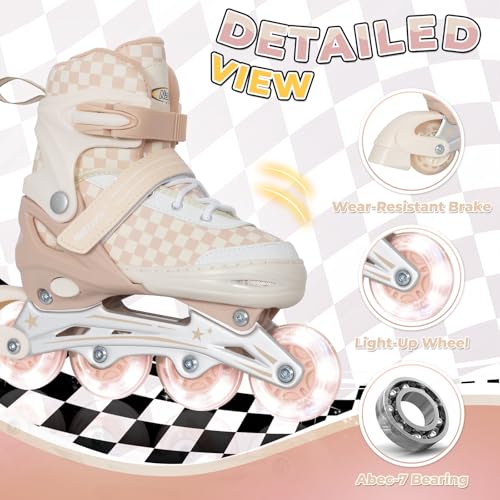 Nattork Kids & Teens Adjustable Inline Skates with Illuminating Wheels, Checkerboard Design, Khaki, Medium (1-4 US)