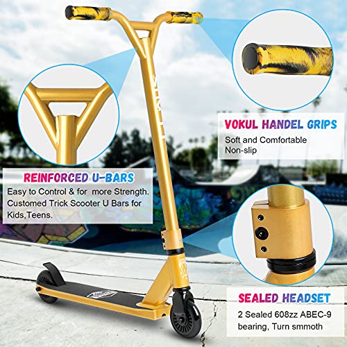 VOKUL Gold Pro Kids Scooter for Boys & Girls - Freestyle Stunt & Tricks, Lightweight Entry-Level Skateboard, Age 7-14