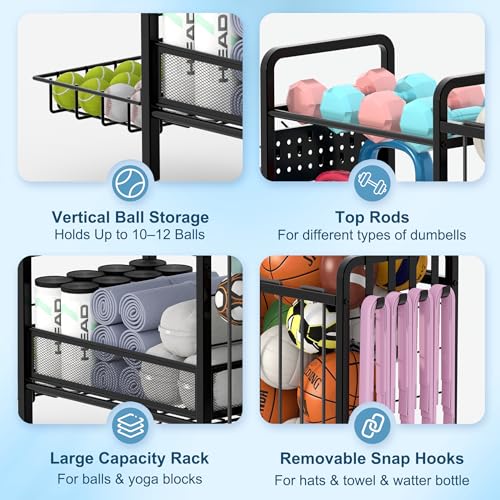 DUDUXI Deep Black Garage Sports Equipment Organizer with Wheels - Multi-Tier Ball Storage Rack with Hooks & Baskets