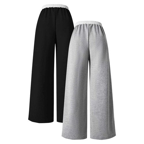 Nivne Tco 2pcs Tween Girls Pants Set Letter Embroidery Seal Details Casual Drawstring Waist Wide Leg Sweatpants (US, Age, 12 Years, Black+Grey)