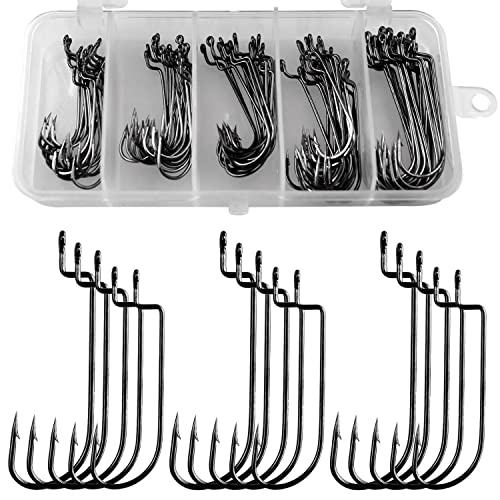 Offset Worm Hooks 100PCS - 5 Sizes for Soft Plastic Lures, Salt & Freshwater Fishing