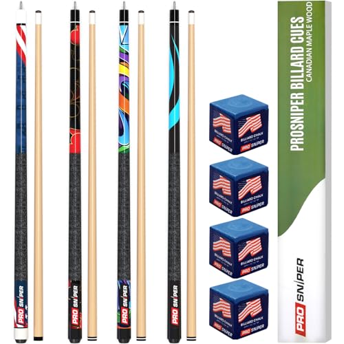 Multicolor 58-Inch Canadian Maple Pool Cue Set of 4 with Low-Deflection Shafts & Chalks - Prosniper Billiard Cues for Home & Bar