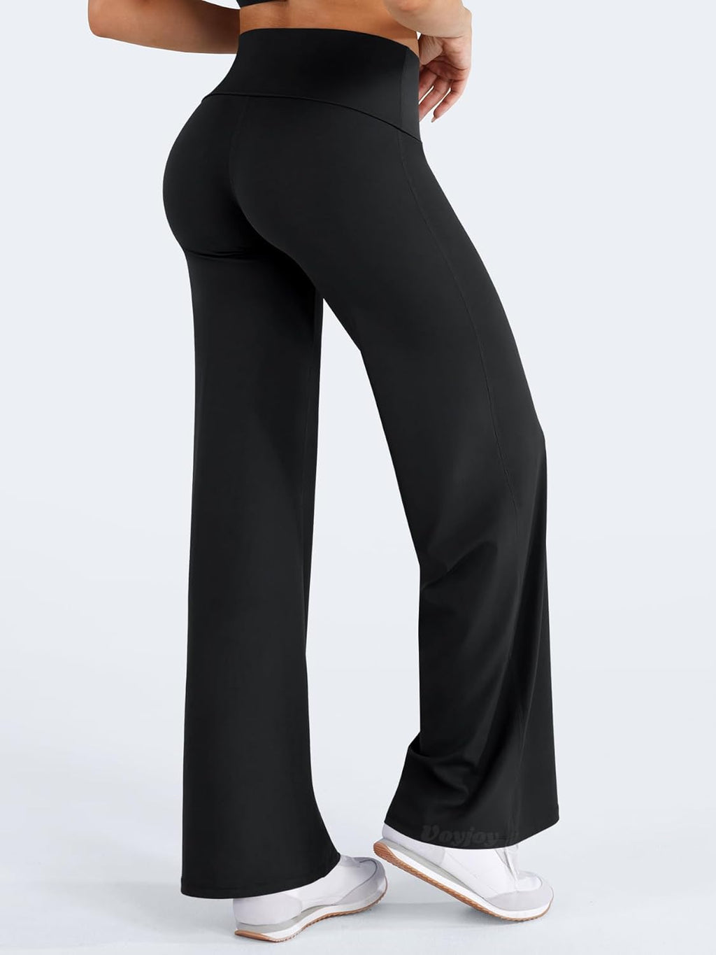 VOYJOY Women's Fold Over Straight Leggings - No Front Seam, 31.5" Mid-Low Waist Stretch Yoga Pants