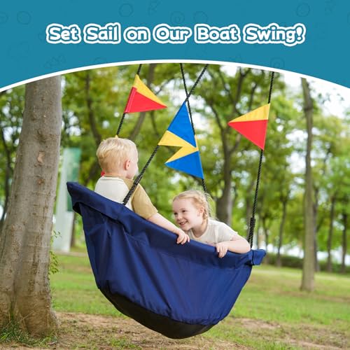 JUNGLE WELL Royal Blue 53'' Eco-Friendly RPET Boat-Shaped Swing for Kids Indoor & Outdoor