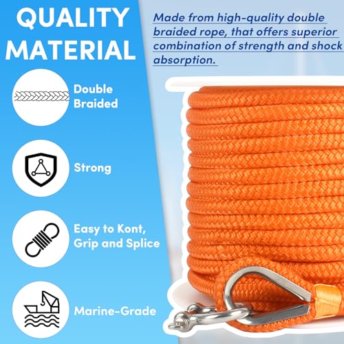 Boat Anchor Rope 100 ft x 1/2 inch Orange Double Braided Marine Line with Stainless Steel Thimble & Shackle - for Towing & Mooring