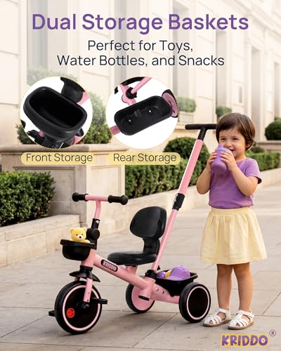 KRIDDO Pink 2-in-1 Parent-Controlled Toddler Tricycle for 1.5-5 Years