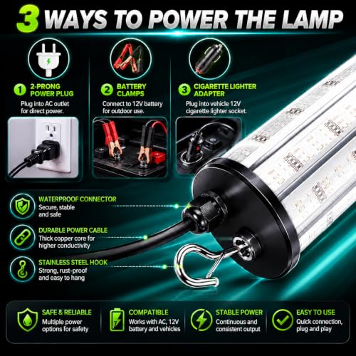 Underwater Fishing Light 60W 7500LM Green Submersible Fish Attractor with 30FT Cord