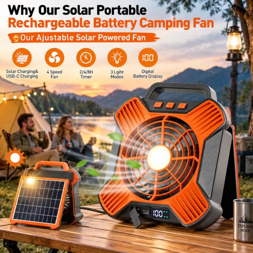 Portable Solar Powered Fan with Rechargeable Battery & LED Light - Black & Orange