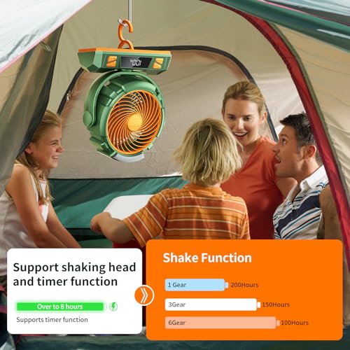 Camping LED Fan with Light 40000mAh Rechargeable Battery & Hook - Green M23