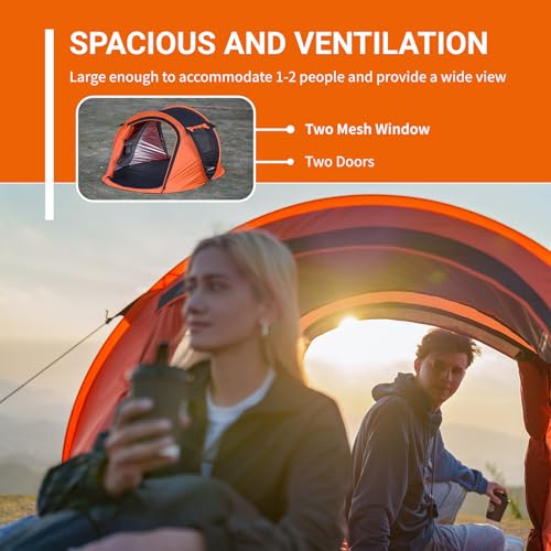 EchoSmile 2-Person Black & Orange Instant Pop Up Camping Tent, Easy Setup