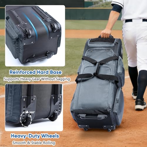 VIGEGARI Rolling Baseball Bat Bag with Wheels - Large Capacity Grey Sport Gear Bag for Bats & Equipment