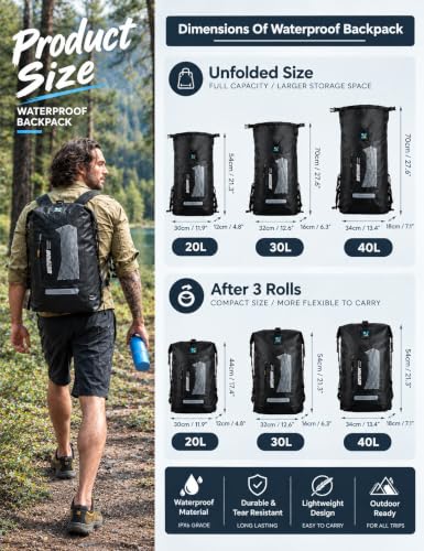 IDRYBAG Waterproof Backpack 20L Dry Bag for Kayak, Hiking, Floating - Black