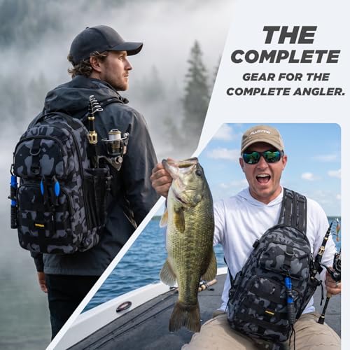 Plusinno Fishing Backpack with Rod & Tackle Boxes Waterproof Sling Bag for Fish Gear - Includes Rod Holder & Lures