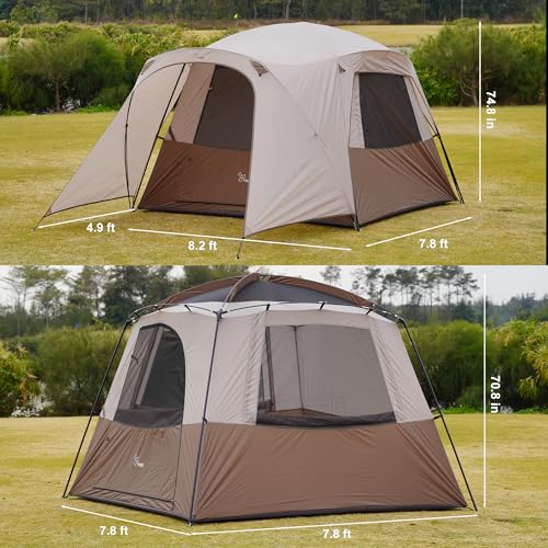 Vidalido Brown 4-Person Waterproof Family Camping Tent with Mesh Doors & Windows