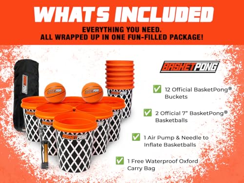 Giant Yard BasketPong Outdoor Game Set with 12 Buckets, 2 Balls & Carrying Bag