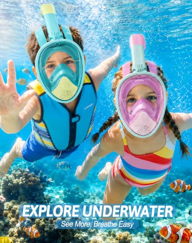 Kids Full Face Snorkel Mask Set 2 Pack - Blue Yellow & Pink Cyan, Anti-Leak, 180° View