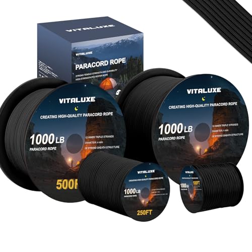 Black 1000ft Paracord Rope 4mm 12-Strand 1000lb Strength for Camping & DIY