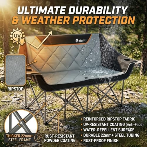 Emerit Black Oversized Fully Padded Camping Loveseat with Cup Holders, 650LB Capacity
