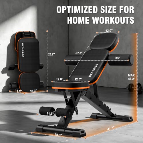 Adjustable Foldable Weight Bench for Home Gym - Incline & Flat, Black-Orange